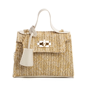Woven straw Kelly bag with beige leather trim and a gold chain shoulder strap