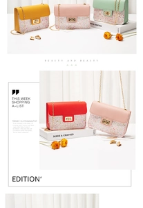Detail of colorful sequined mini chain bags with gold clasps on a minimalist display