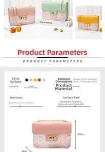 Detailed size chart of women's crossbody bag with sequin texture and 18x14x8cm dimensions