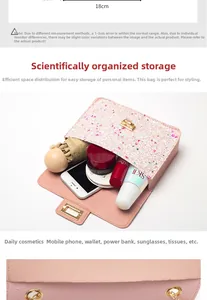 Pink sequin flap bag showing internal capacity for phone and cosmetics with 18cm width