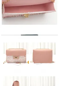 Pink holographic sequin chain crossbody bag showing front, back and inner lining views