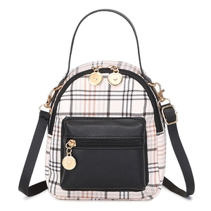 Mini plaid backpack for women with black leather trim and golden hardware detailing