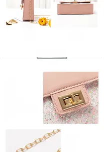 Detailed views of the pink flap bag showing the side width, bottom, and golden lock