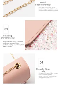 Close-up of golden chain strap and precise stitching on pink textured leather bag