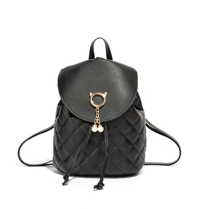 Women's black quilted PU leather backpack with cat-ear gold ring and pearl charms