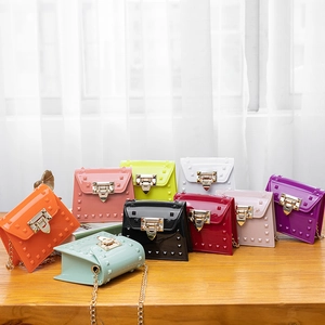 Women Mini PVC Jelly Shoulder Bag Rivet Studded Metal Chain Crossbody Handbag Trendy Macaron Colors Fashion Square