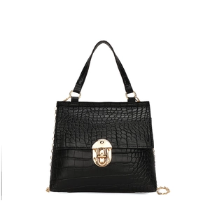 Mini black crocodile embossed handbag with gold metal lock and chain strap for women