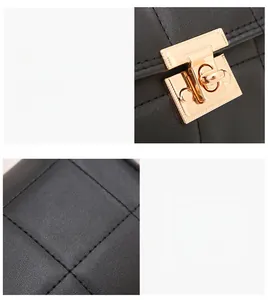 Détail du fermoir en métal doré et du tissu matelassé noir sur un mini sac carré