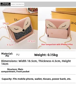 Mini borsa con paillettes a forma di volpe rosa e beige con catena e riferimento taglia