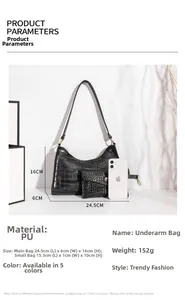Detailed size chart for crocodile pattern PU leather underarm bag and small purse set