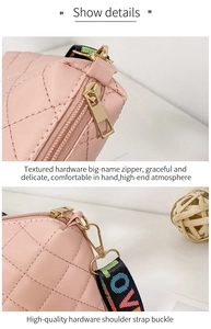 Detail of pink quilted bag showing gold metal hardware and colorful LOVE lettering strap