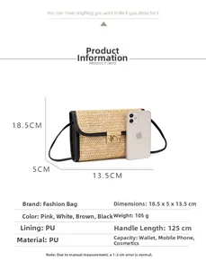 Guía de tallas del bolso bandolera de paja con dimensiones 18,5x13,5x5cm y correa