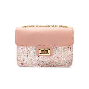 Pink quilted shoulder bag with iridescent sequins, metallic clasp, and gold chain strap