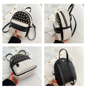 Detail view of mini backpack with gold rivets and vintage pattern from multiple angles