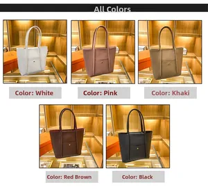 Detailed grid showing tote bags in white, pink, khaki, red brown, and black color options
