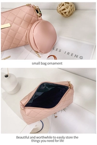 Detail of pink quilted crossbody bag with matching round coin purse and gold zipper