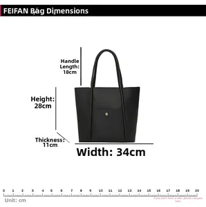 Detailed dimension guide for black faux leather tote bag with front pocket and gold button