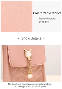 Detail of pink PU leather with wave embroidery, vacuum-plated hardware and pearl charm