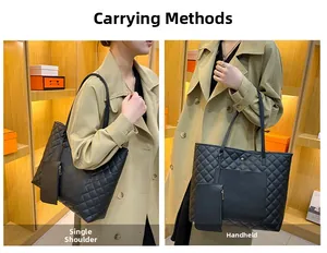 Detailed views of black quilted tote bag showing versatile shoulder and handbag carry styles