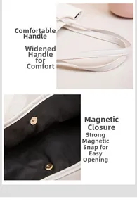 Dettaglio del manico largo e chiusura magnetica sulla borsa tote bianca con trama a litchi
