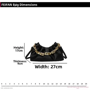 Size guide for cloud bag showing dimensions of 27cm width, 17cm height and 9cm depth