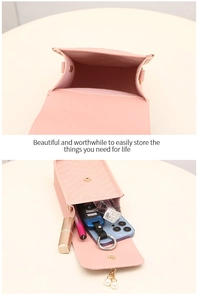 Pink PU leather phone bag interior showing space for phone, lipstick, and essentials