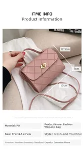 Pink quilted PU leather crossbody bag with gold twist lock and 17x12.5x7cm dimensions