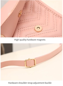 Close-up of pink leather phone bag with V-shaped quilting and gold magnetic buckle