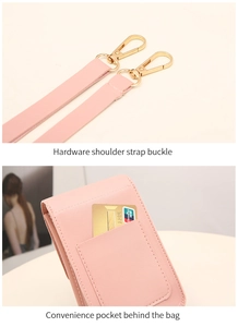 Detail of pink PU leather phone bag featuring gold hardware hooks and rear card slot