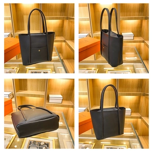 Detailed views of a black synthetic leather tote bag with thick handles and magnet pocket