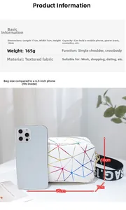 Comparaison de taille du sac à bandoulière blanc géométrique avec un smartphone et dimensions