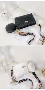 Quilted crossbody bag set with small round pouch and colorful LOVE woven strap