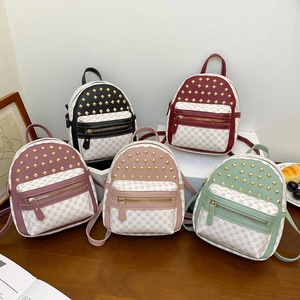 Women Mini Fashion Backpack PU Leather Gold Rivets Contrast Color Monogram Print Retro Style Small School Bag