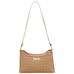 Brown checkered embossed underarm bag with a gold metal bar and shoulder strap