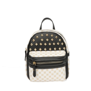 Mini black and white floral print backpack with gold studs and top handle detail