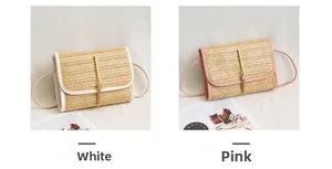 Detail showing white and pink woven straw crossbody bags with metallic tassels