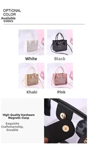 Detailed views of multi-color clear PVC tote bags with magnetic hardware snap closure