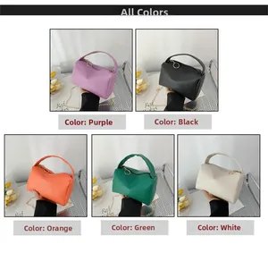 Detailed grid of five lychee textured pillow bags in various colors with gold chains