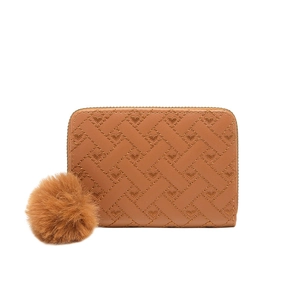 Brown PU leather zip mini wallet with heart embroidery and fluffy pom-pom charm