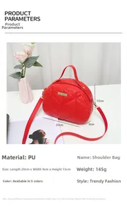Detail view of red PU handbag with rhombic stitching, gold hardware and dimension specs