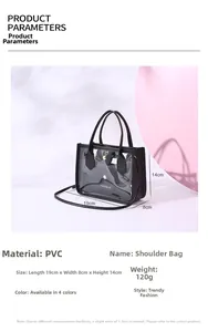 Detail view of black transparent PVC tote bag showing 19x8x14cm dimensions and inner pouch