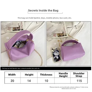 Detailed size chart for purple lychee leather pillow bag showing 20x14x10cm dimensions