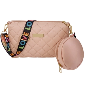 Pink quilted crossbody bag with a wide LOVE letter strap and small round coin purse