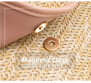 Detail of pink leather bag featuring a round gold magnetic closure and woven texture