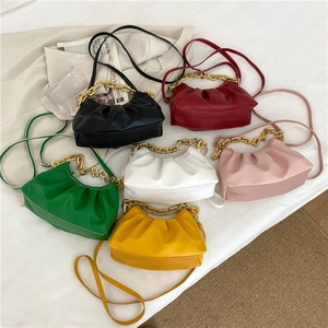 Ruched Cloud Crossbody Bag Women PU Leather Chunky Gold Chain Underarm Shoulder Bag Pleated Pouch Casual Fashion
