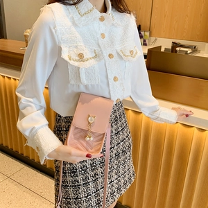 Pink quilted leather phone bag with gold cat buckle and pearl charms for ladies