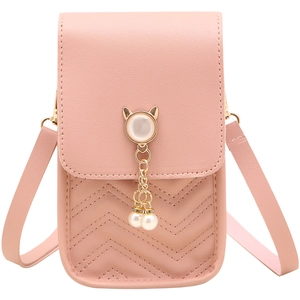 Pink quilted leather crossbody phone bag with pearl cat ear pendant and strap
