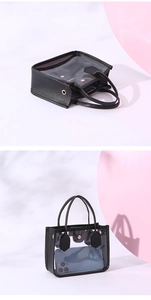 Detail of transparent PVC handbag with black leather trim and smartphone size scale