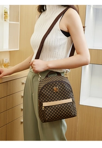 Detail view of small brown patterned backpack with gold hardware and nylon strap