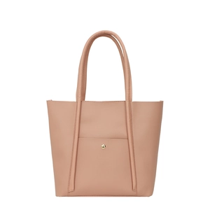 Pink faux leather tote bag with large capacity, double handles and gold metal buckle detail